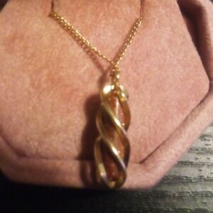 Gold Tone Spiral Cage Goldstone Pendant Necklace Brown Sparkle Link Chain